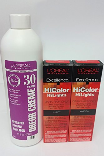 Destacados de Hicolor de l ' Oreal para pelo oscuro sólo Magenta 2-Pack con 16 oz Oreor revelador en crema 30 - COMBO oferta