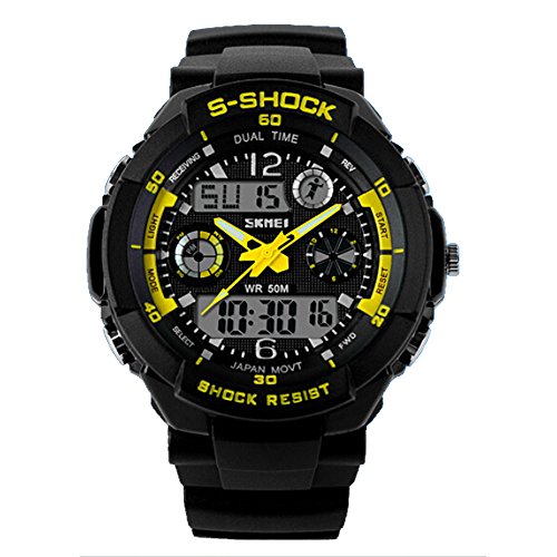 Fanmis deporte reloj multifunción hora Dual Led luz alarma impermeable S - reloj de pulsera de choque (amarillo)