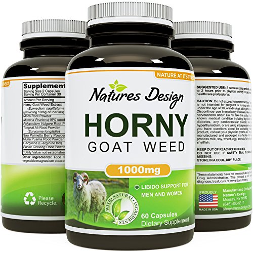 Natural de Horny Goat Weed extracto para hombres y mujeres - suplemento Herbal mezcla compleja - Ginseng, 100% de raíz de Maca y Tongkat Ali polvo - 60 1000 mg cápsulas potente - energía, vigor, rendimiento y deseo - USA hecha por naturalezas diseño