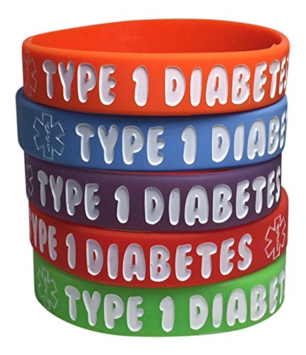 De tipo 1 Diabetes silicona médica alerta Bracelets(Pack of 5) rojo infantil, naranja, púrpura, verde, azul (6 pulgadas)