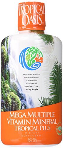 Oasis Tropical Mega Plus - líquido multivitamínico y Mineral suplemento - incluye 85 vitaminas y minerales, 20 aminoácidos + CoQ10, semilla de uva orgánica y extracto de Aloe Vera--32oz, 32 porciones