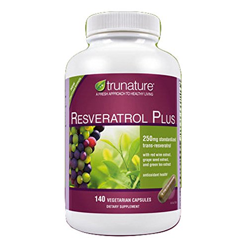 TruNature Resveratrol Plus - 250 mg de Resveratrol Plus 50 mg, cada una de extracto de vino rojo, extracto de semilla de uva y extracto de té verde - 140 cápsulas vegetarianas