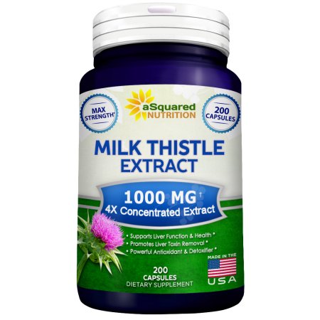 aSquared Nutrition suplemento de leche Thistle 1000 mg -200 Capsules- Pure Strength Max 4X extracto concentrado 4- 1 Leche píld