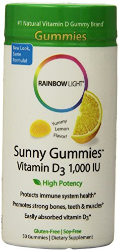 Arco iris luz vitamina D3 (1000 UI) gomitas soleado, sabor a limón, cuenta 50 gomitas (paquete de 3)