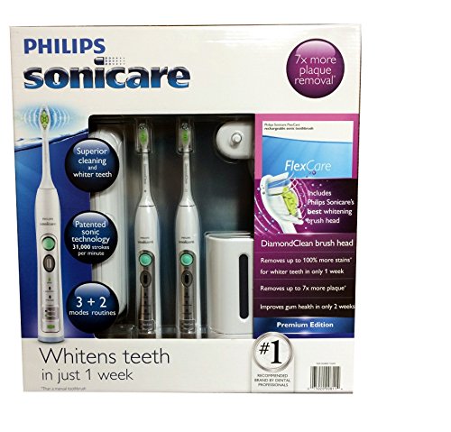 Philips Sonicare Flexcare recargable Sonic cepillo Premium Edition 2 pack paquete (2 Flexcare maneja, diamante 2 Clean cabezas de cepillo estándar, 1 cargador de viaje compacto, 2 tapas de viaje higiénica, 2 casos de viajes duros, 1 esterilizador de UV)