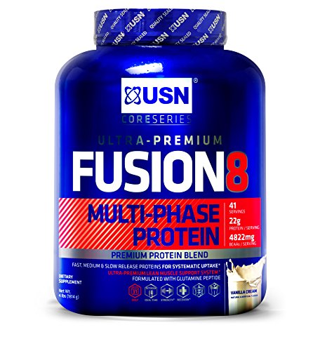 USN Fusion8 proteína de múltiples fases, liberación rápida, media y lenta absorción sistemática, clásico vainilla, 4 libras