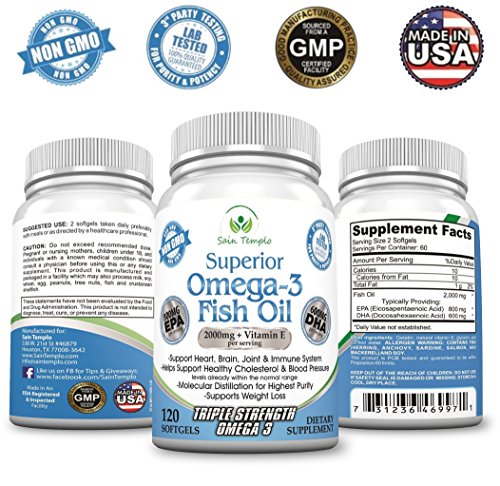 Aceite de pescado omega 3, 2000mg EPA DHA + 800 de suplemento/w 600 + vitamina E, ácidos grasos esenciales mejor-120 líquido/softgel pastillas - puro Triple fuerza grado farmacéutico, fuentes de agua profunda de frío Alaska.