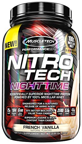 MuscleTech Nitrotech noche tiempo proteína en polvo, vainilla francesa, 2 libras de MuscleTech