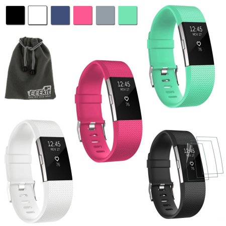 EEEKit 4in1Kit de Fitbit Carga 2, 3 piezas de silicona de reemplazo de la correa de accesorios Sport Wrist Band + 3 piezas Protector de pantalla