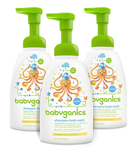 Champú para bebé Babyganics y colada del cuerpo, fragancias gratis, paquete de 3