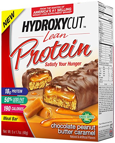 Barras de proteína magra de Hydroxycut, caramelo de mantequilla de maní de Chocolate, barras de 5 X 1.7 oz, sólo 190 calorías, 18g de proteína, sólo 2 g de azúcar, delicioso