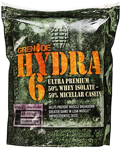 Hydra de Granada 6, aislado de suero de 50% y 50% caseína. Primer Ultra Premium mezcla de proteína de lentos y rápidos el mundo, asedio fresa, 4 libras