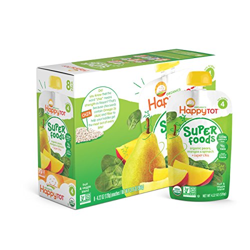 Los alimentos orgánicos Super feliz Tot, peras, Mangos y espinacas + Super Chia, bolsas de 4,22 onzas (Pack 16)