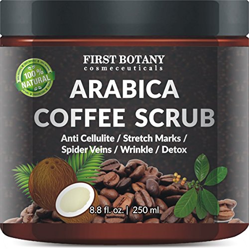 100% natural Arabica café Scrub 8,8 fl. oz. con café orgánico, coco y manteca de karité - mejor acné, tratamiento Anti celulitis y estrías, araña vena terapia para venas varicosas y Eczema
