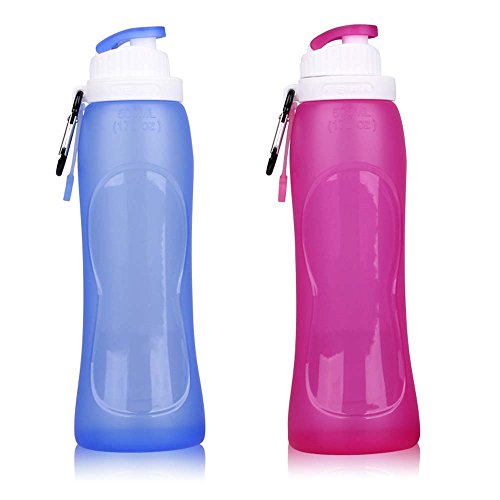 Zakitane Portable plegable silicona suave deporte botella de agua para maratón ciclismo escalada viajes de senderismo y deporte al aire libre - 20OZ (500ML, azul + rosa)-2 Pack, nueva tapa de la