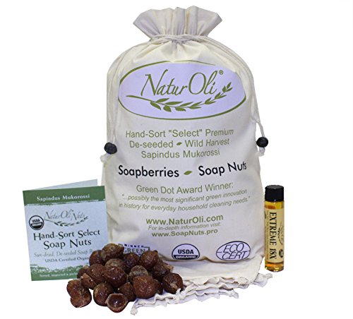 NaturOli nueces de jabón / Soap Berries - 3-Lbs USDA ORGANIC (720 cargas) + bono X 18! (12 cargas) Seleccione Seedless, 3 bolsas de lavado, 8-pg info, bolso de mano. Jabón para la ropa orgánica natural limpiador!
