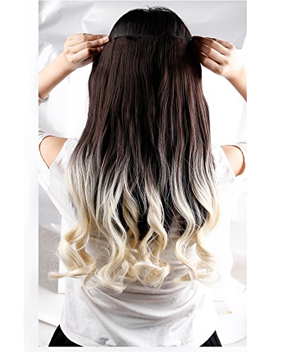 S-noilite Ombre Dip-dye Color Clip en pelo extensión 58cm largo marrón oscuro para blanquear a rubio rizado de las chicas de ensueño