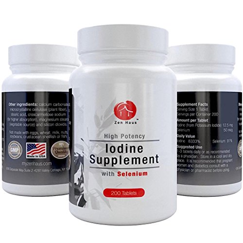 Zen Haus alta potencia 12,5 mg yodo suplemento con selenio la pérdida de peso y tiroides apoyo 200 tabletas con yoduro de potasio