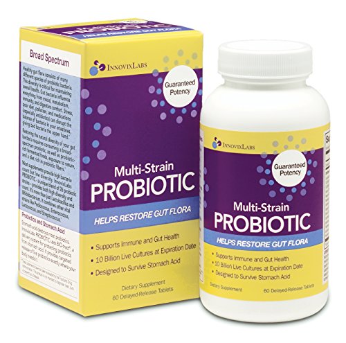 Multi-cepa probiótico (por InnovixLabs). Amplio espectro - 26 cepas de probióticos diversos. 10,000,000,000 cultivos vivos en la expiración. Gluten-libre. 60 tabletas de liberación retardada.