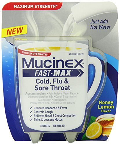 Mucinex rápido-Max bebida caliente mezcla medicina, resfriado, gripe y alivio de dolor de garganta, sabor a limón, la miel cuenta 8