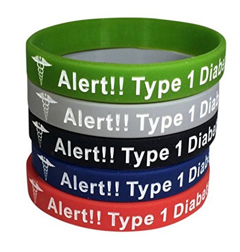 Tipo 1 diabetes tipo pulseras insulina dependiente alerta médica (paquete de 5) verde, gris, azul, rojo, negro más bono Wellness artículo incluido