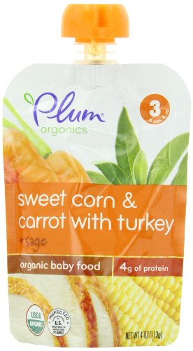 Plum Organics Baby etapa 3 comidas, maíz dulce, zanahoria con Turquía y salvia, 4 onzas (paquete de 6)