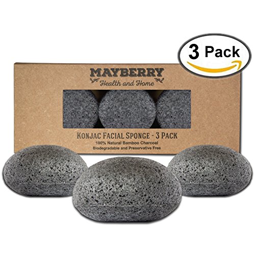 Konjac Esponja con carbón de bambú - 3 Pack - 100% Natural carbón cara esponja para mejorar la apariencia de la piel - cara esponja carbón con adjunto cadena para colgar al seco exfoliadora