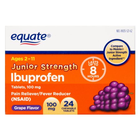 equate junior la fuerza del sabor de uva analgésico - antipirético tabletas masticables 100 mg 24 ct