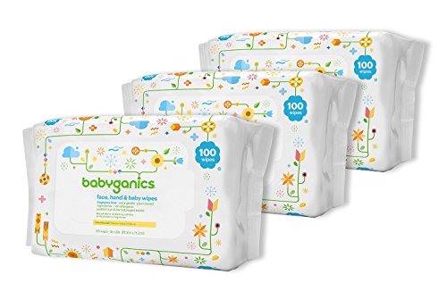 Babyganics cara, manos y Toallitas Humedas para bebe, fragancias gratis, 300 hilos (contiene tres paquetes de 100-cuenta)