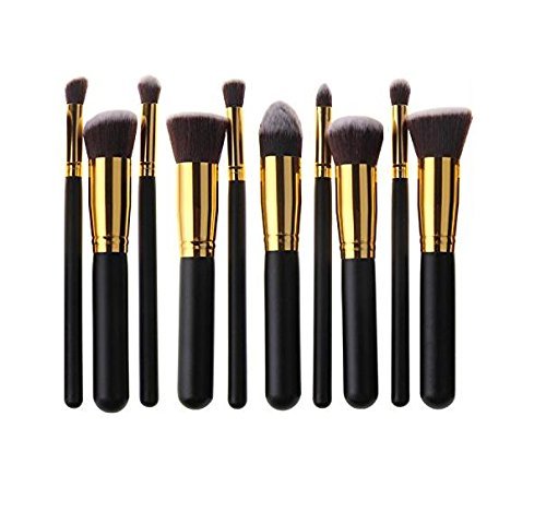 HÖSL 10PCS Premium pelo sintético maquillaje cepillo conjunto cosméticos Fundación mezcla Blush polvo pincel maquillaje cepillo Kit (oro negro)