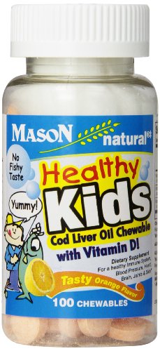 Mason vitaminas Healthy Kids bacalao hígado aceite y la vitamina D, delicioso masticable sabor naranja, 100 hilos, (paquete de 3)