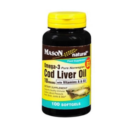 Mason Natural Omega - 3 aceite de hígado de bacalao con vitamina A y D3 suplementos alimenticios Cápsulas Blandas - 100 Ea