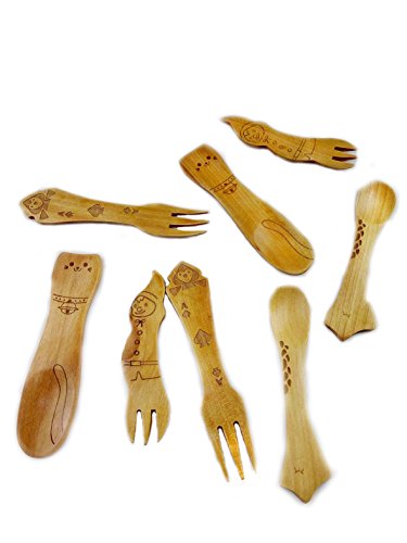 OPCC lindo madera animales cubiertos Set / madera cuchara y tenedor para niños / bebé 4.7 pulgadas, juego de 3