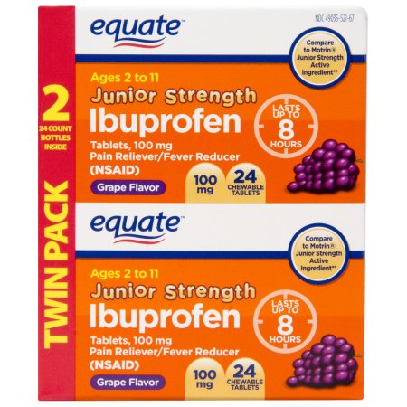 equate junior la fuerza del sabor de uva ibuprofeno analgésico - antipirético tabletas masticables 100 mg 24 ct 2 pk