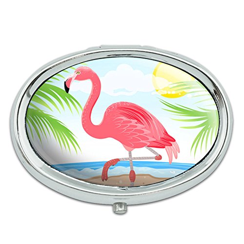 Flamingo y Palm Tree Beach vacaciones Metal Oval caso pastillero