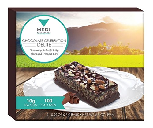 Barras de proteína de Medi-adelgazar Chocolate celebración Delite 100 calorías, alta en proteínas (10g) - para el Control del hambre durante la dieta adelgazar - 7 barras por caja