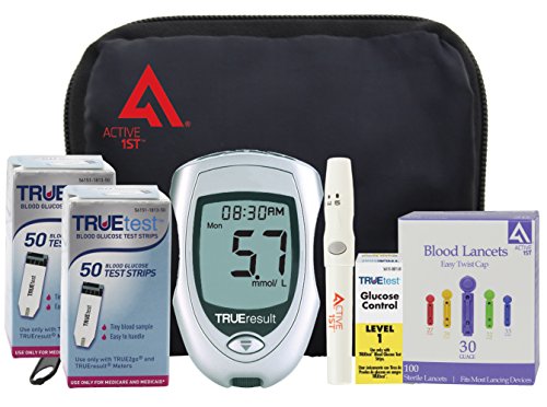 active1st TrueTest Diabetes pruebas Kit completo, cuenta 100 (metro TrueResult, 100 tiras reactivas, 100 lancetas de 30g, dispositivo de punción, solución de Control, propietarios Manual/Log Book)