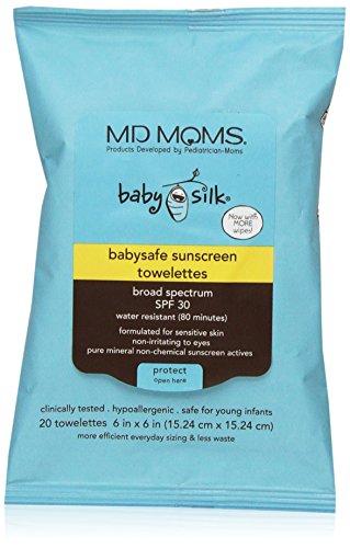 Crema solar bebé toallitas MD mamás - resistente al agua amplio espectro sol pantalla toallitas por pediatras - SPF 30 (ct 20)