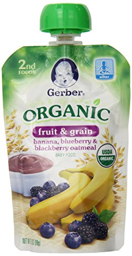 Gerber orgánico 2 bolsas de alimentos, Banana, arándano, avena de Blackberry, 3,5 onzas, 12 cuenta