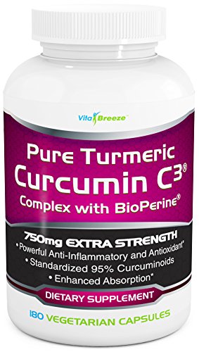Cúrcuma curcumina C3 complejo con BioPerine - 750mg por cápsula, 180 Caps Veg - contiene pimienta negra (para una absorción Superior y Bio-disponibilidad). Curcuminoides 95% estandarizado para la máxima potencia