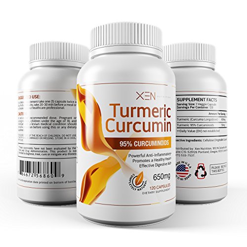 Cúrcuma curcumina - más alto grado, 95% de curcuminoides, 120 Caps - Xen nutrición - antiinflamatorio suplemento herbario - ayuda digestiva, alivio del dolor en las articulaciones, antioxidante orgánico - 650mg, suministro de 60 días