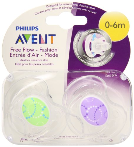 Philips Avent BPA Free contemporáneo Freeflow chupete, colores y diseños pueden variar, 0-6 meses, cuenta 2