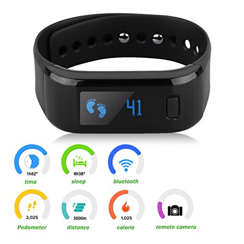 Excelvan todo-en-uno OLED elegante pulsera saludable IP67 impermeable Bluetooth podómetro seguimiento calorías sueño Monitor llamada recordatorio remoto captura de pulsera para teléfonos móviles Android IOS (negro)