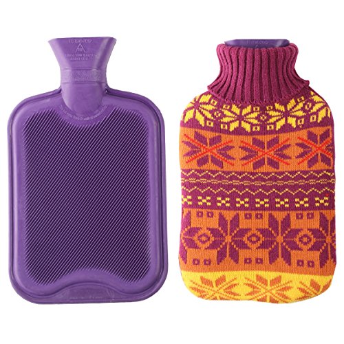 2 litros de caucho clásico Premium botella de agua caliente con lindo punto tapa (2 litros, púrpura / copo de nieve de Navidad)
